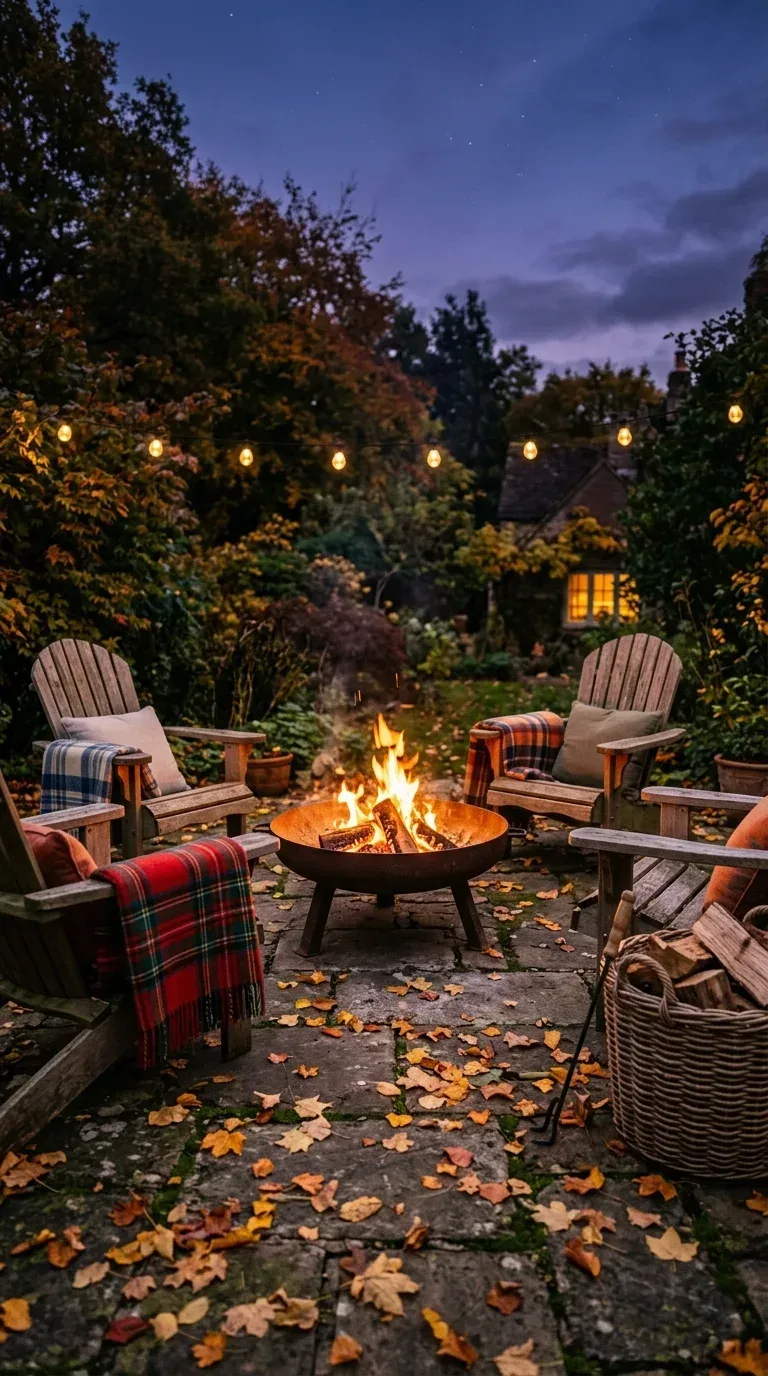 A glowing cast iron fire pit on a patio surrounded by chairs on a cozy autumn evening