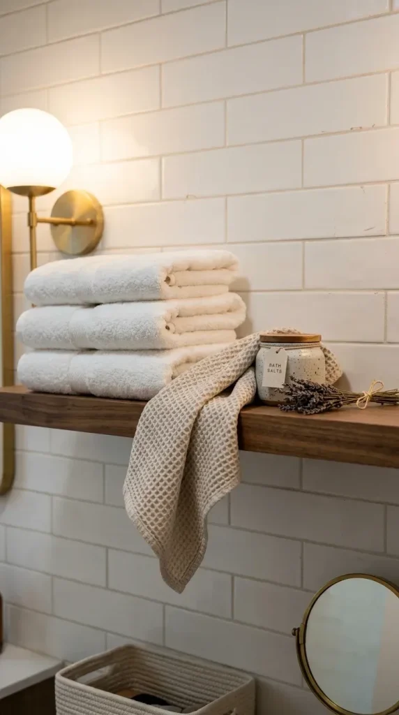 Fluffy white terry bath towels and textured waffle weave hand towels layered on a bathroom shelf