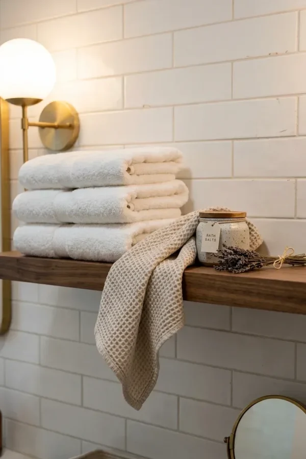Fluffy white terry bath towels and textured waffle weave hand towels layered on a bathroom shelf