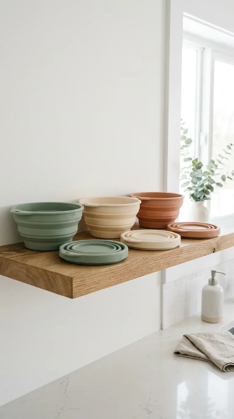 20 Cool Kitchen Gadgets for Small Space Cooking Foldable silicone mixing bowls in sage green and cream shown open and collapsed flat on a shelf