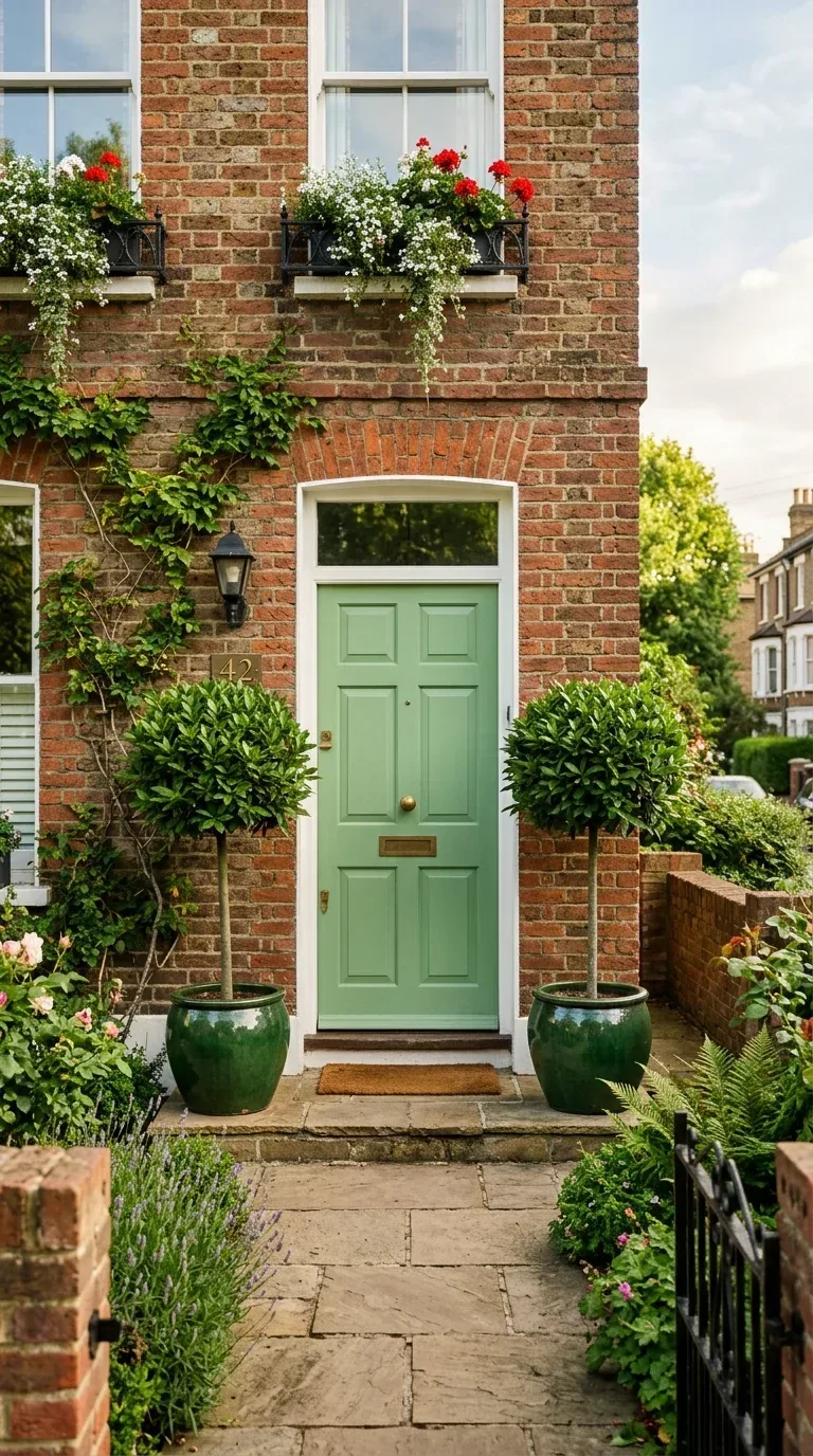 Two matching large planters flanking a bright front door creating a welcoming patio entrance