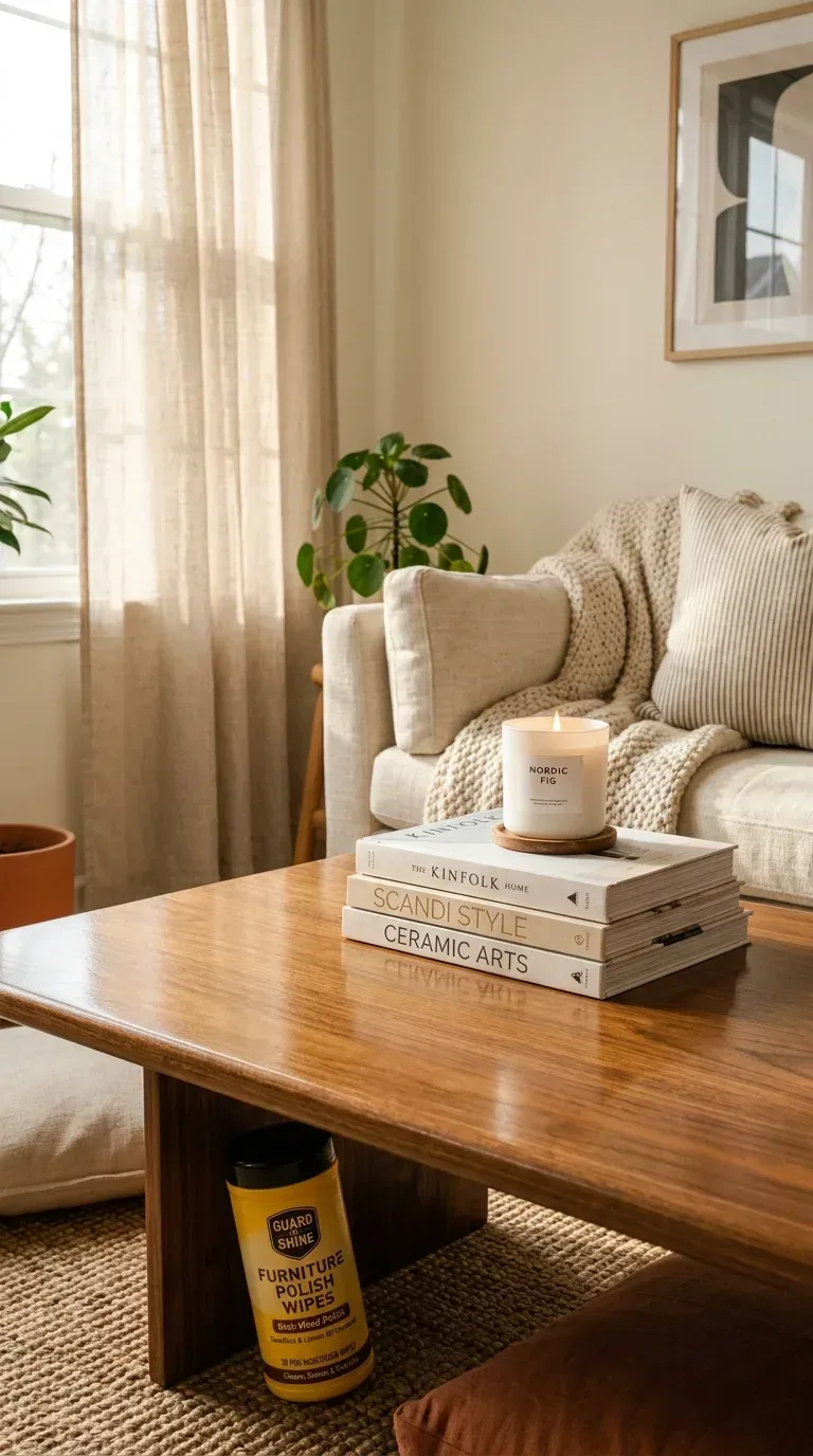 A pack of furniture polish wipes beside a gleaming polished wooden coffee table in a living room