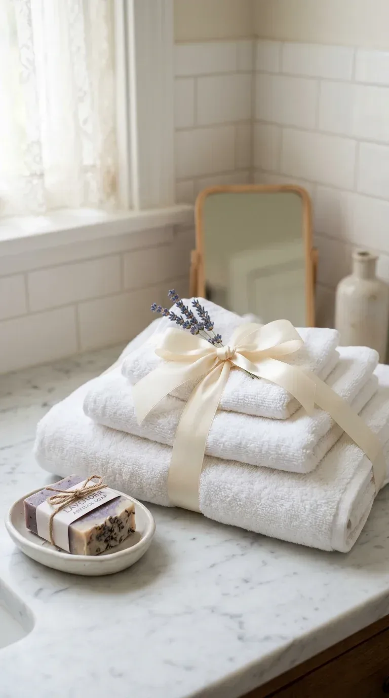 15 Bathroom Towel Decor Ideas That Make Your Space Look Like a Luxury Hotel A neatly folded white towel set tied with cream ribbon and dried lavender for a guest bathroom