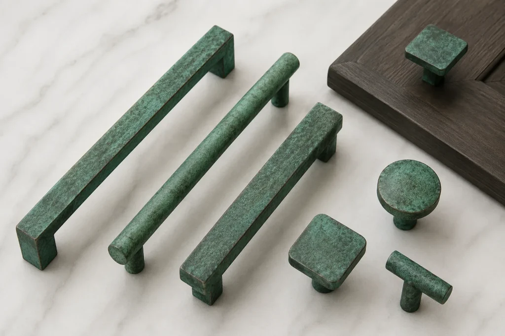 12 Green Kitchen Ideas That Feel Fresh and Modern green verdigris patina cabinet hardware kitchen pulls knobs modern