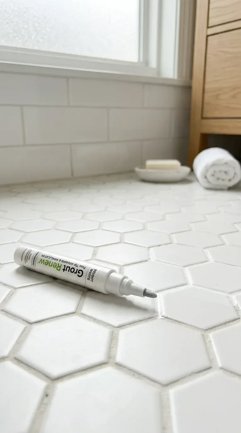 A grout whitening pen being used on clean white bathroom floor tiles making grout bright