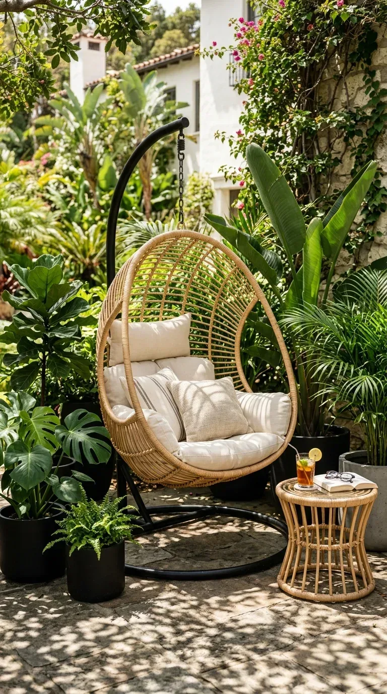 A rattan hanging egg chair in a shaded patio corner with cream cushions and trailing plants