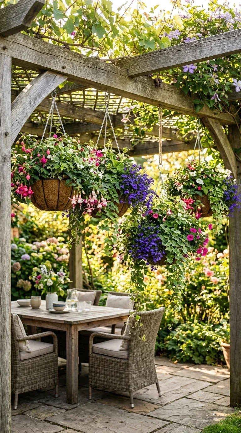 Lush hanging planters with trailing flowers and greenery hanging from a patio pergola beam