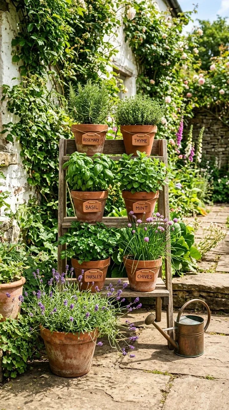 A styled herb corner on a sunny patio with labelled terracotta pots of fresh culinary herbs