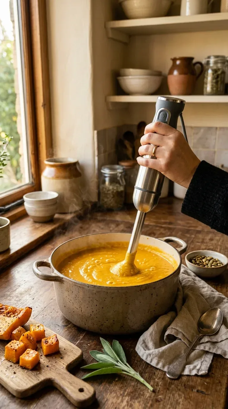 20 Cool Kitchen Gadgets for Small Space Cooking A silver hand immersion blender blending vibrant orange butternut squash soup in a pot