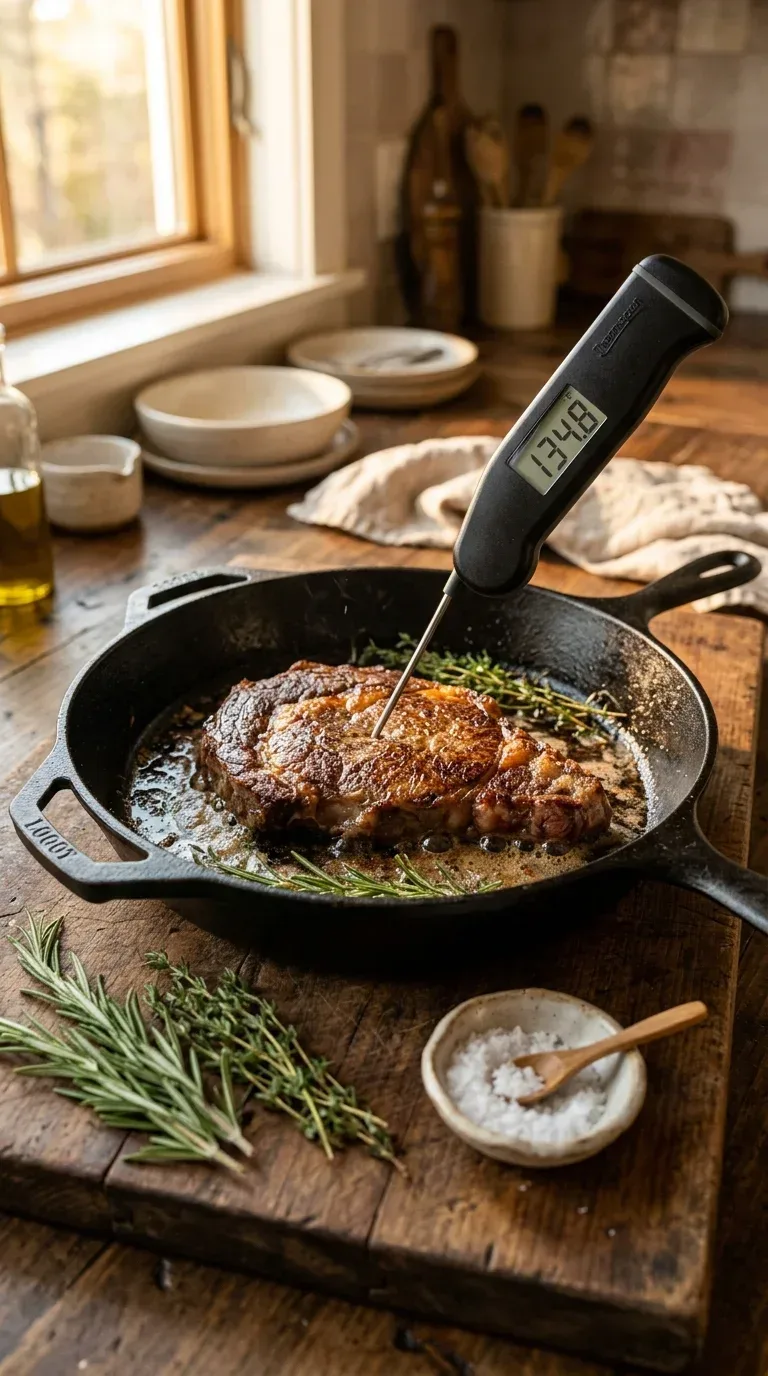 20 Cool Kitchen Gadgets for Small Space Cooking A digital instant-read thermometer probing a golden brown steak in a black cast iron pan