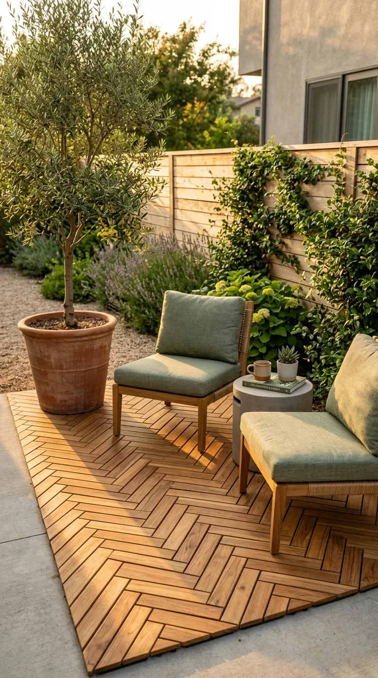 Natural teak interlocking deck tiles laid over a patio creating a warm wood deck surface