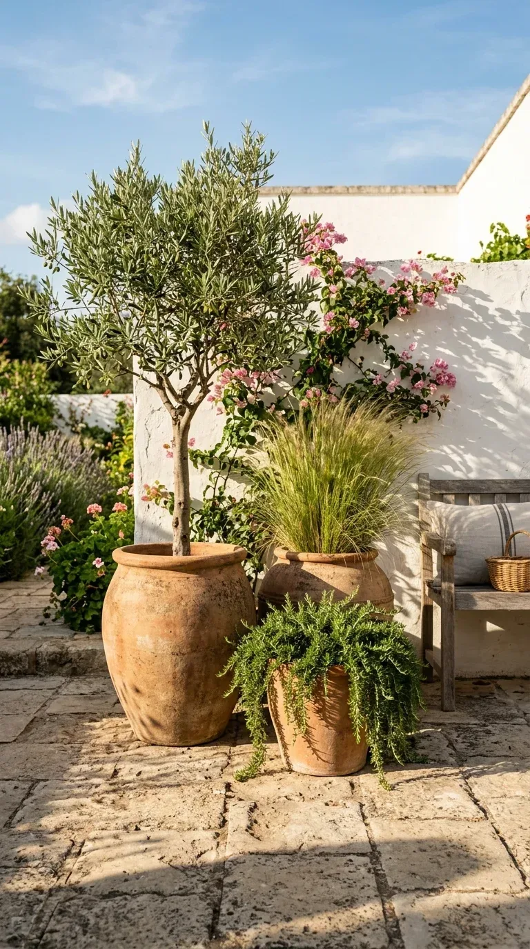A cluster of large terracotta pots with olive trees and ornamental grasses on a sunny patio