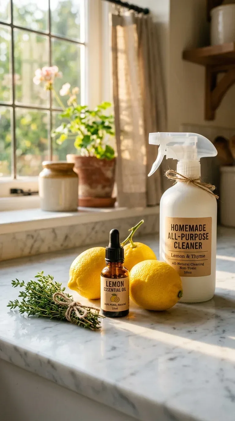 A small amber bottle of lemon essential oil beside fresh lemons and natural cleaning supplies