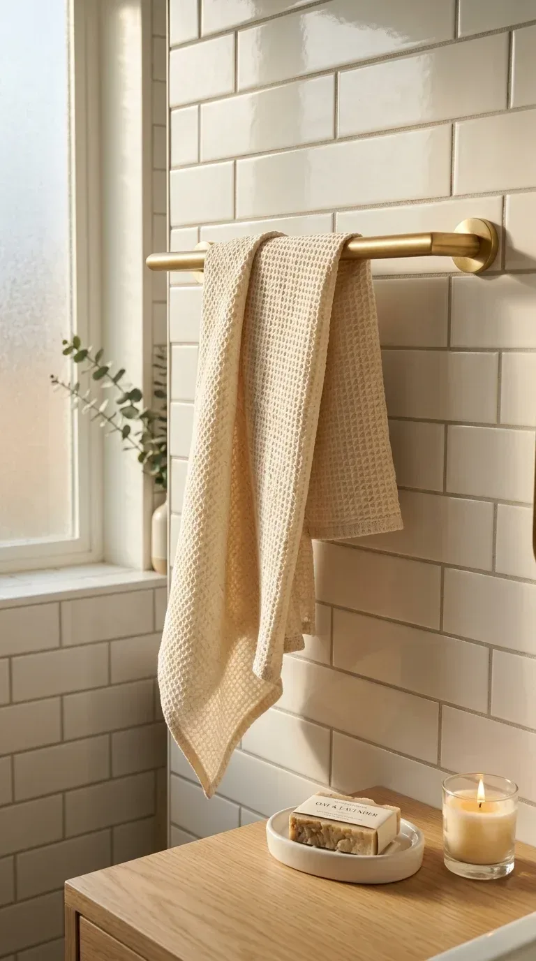 15 Bathroom Towel Decor Ideas That Make Your Space Look Like a Luxury Hotel A waffle weave cream linen hand towel casually draped over a brushed gold bathroom towel bar