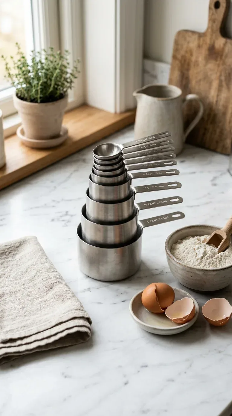 20 Cool Kitchen Gadgets for Small Space Cooking A brushed stainless steel magnetic measuring cup and spoon set stacked on a marble kitchen counter
