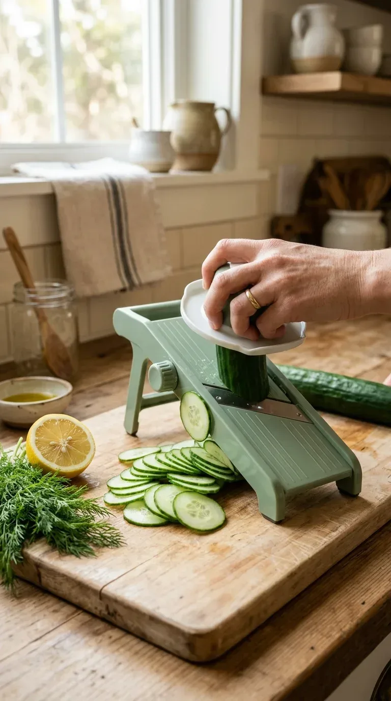 20 Cool Kitchen Gadgets for Small Space Cooking A compact mandoline slicer creating paper thin cucumber rounds on a natural wood cutting board
