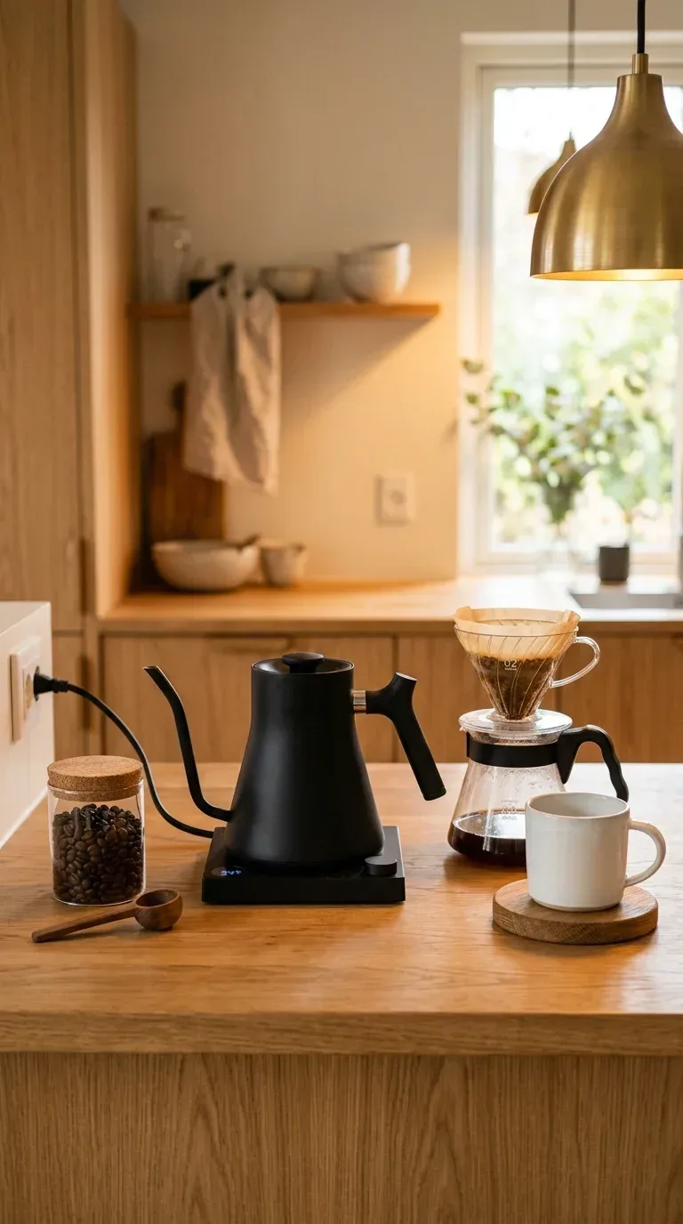 20 Cool Kitchen Gadgets for Small Space Cooking A slim matte black gooseneck electric kettle on a wood counter beside a pour over coffee setup