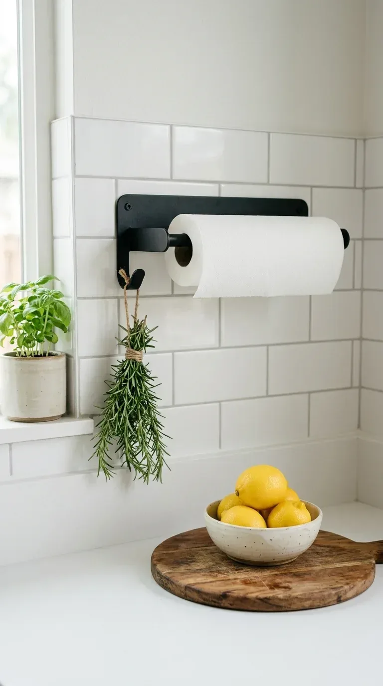 20 Cool Kitchen Gadgets for Small Space Cooking A matte black wall-mounted paper towel holder with hook on white subway tile kitchen backsplash