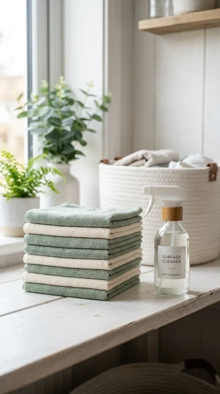 A neat stack of folded microfibre cleaning cloths in sage green on a white shelf