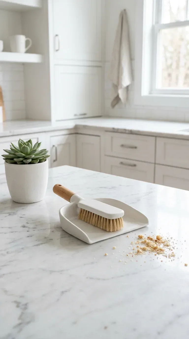 A compact mini dustpan and brush set on a clean kitchen counter ready for crumb cleanup