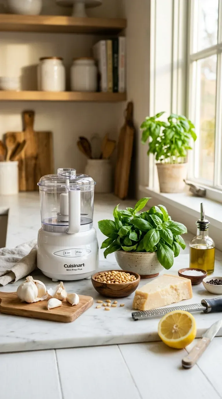 20 Cool Kitchen Gadgets for Small Space Cooking A compact white mini food processor on a kitchen counter beside fresh garlic basil and pine nuts