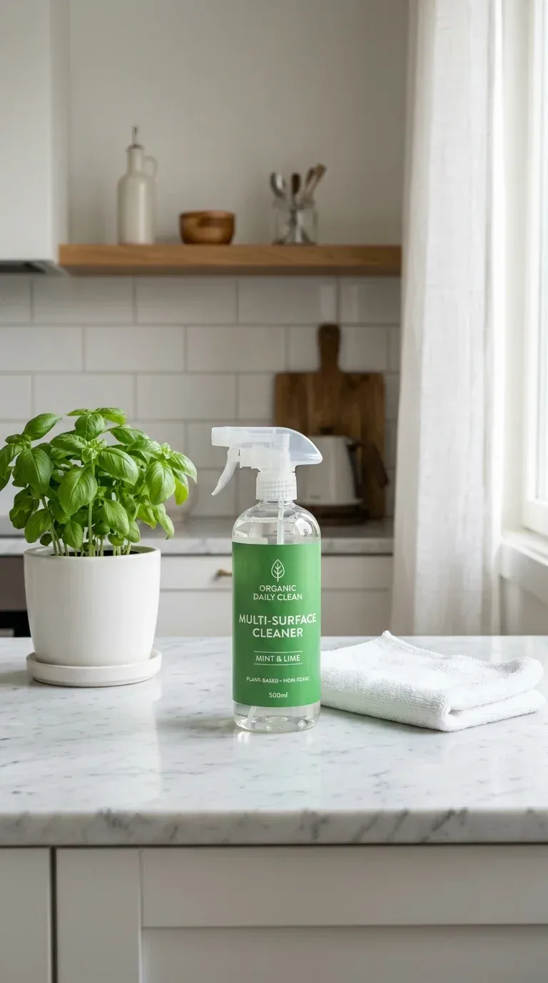 A green cleaning spray bottle on a spotless white kitchen counter beside a folded cloth