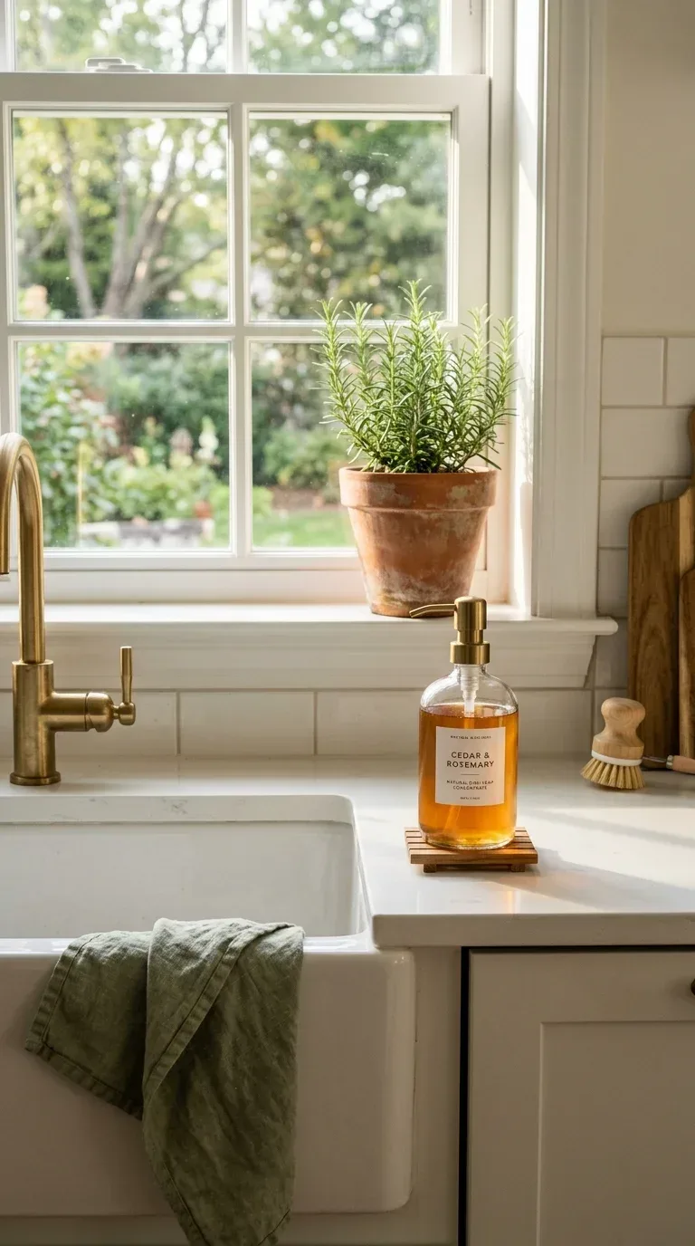A glass soap pump filled with natural dish soap beside a clean kitchen sink with herbs