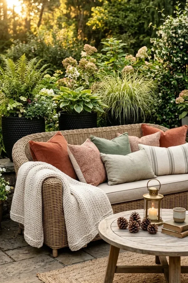 A patio sofa with terracotta and sage outdoor throw pillows and a weather-resistant blanket