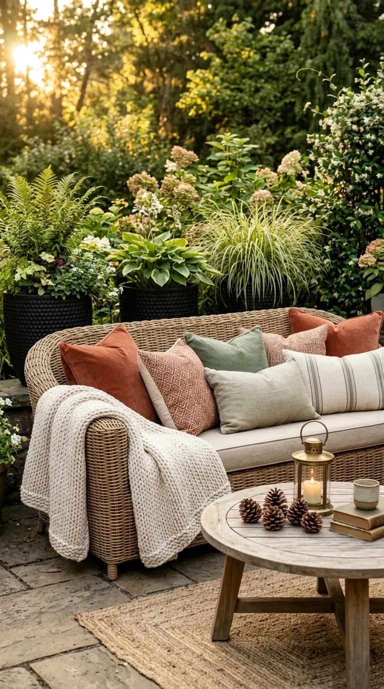 A patio sofa with terracotta and sage outdoor throw pillows and a weather-resistant blanket