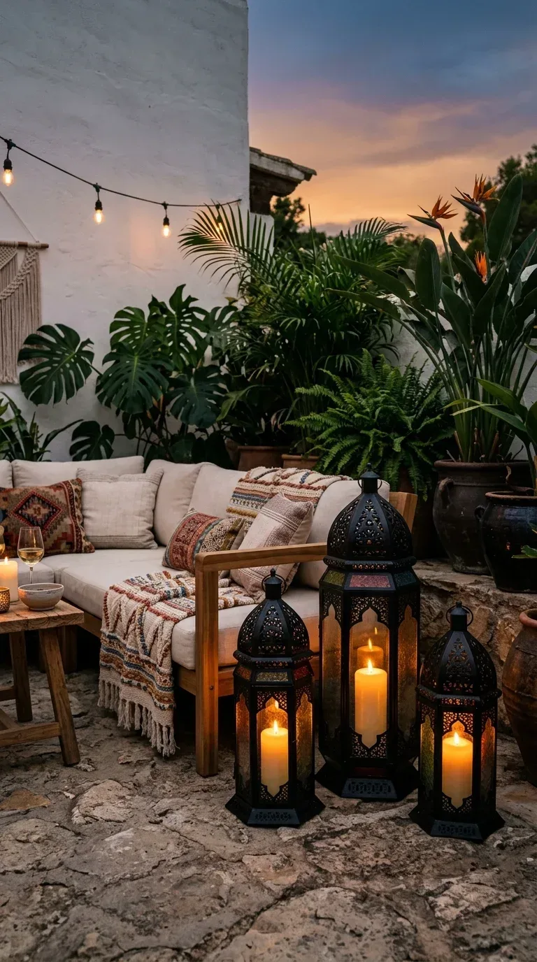 Large black metal floor lanterns with candles glowing on a patio seating area at dusk