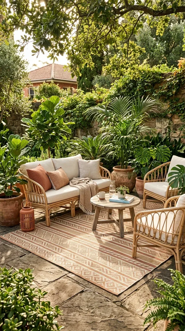 A weather-resistant outdoor rug in warm natural tones defining a cozy patio seating area