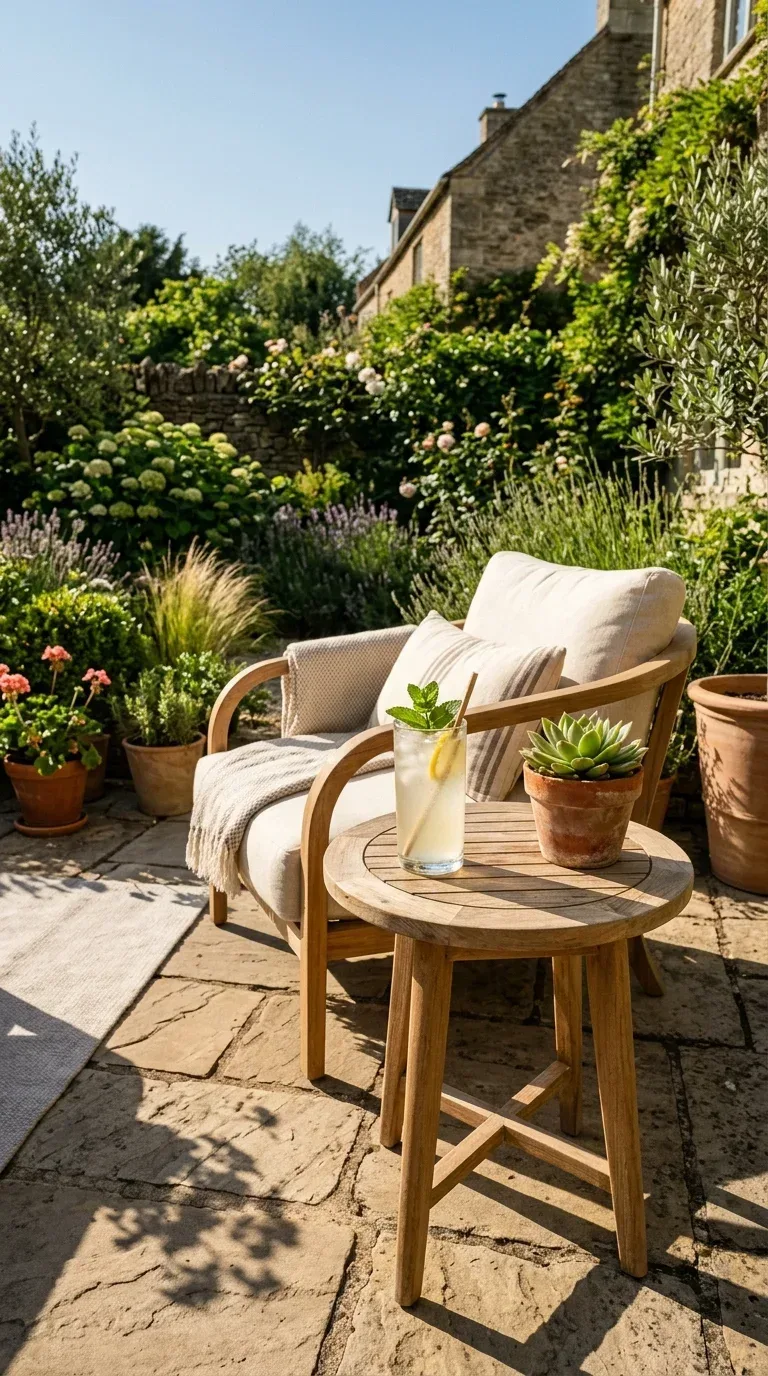 A small teak outdoor side table beside a garden chair holding a glass of lemonade on a sunny patio