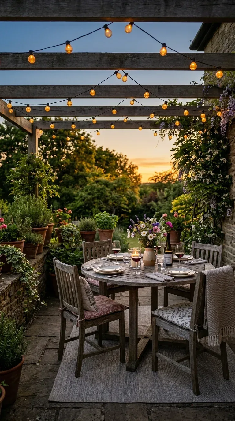 Warm globe string lights strung over a patio creating golden evening ambience at dusk