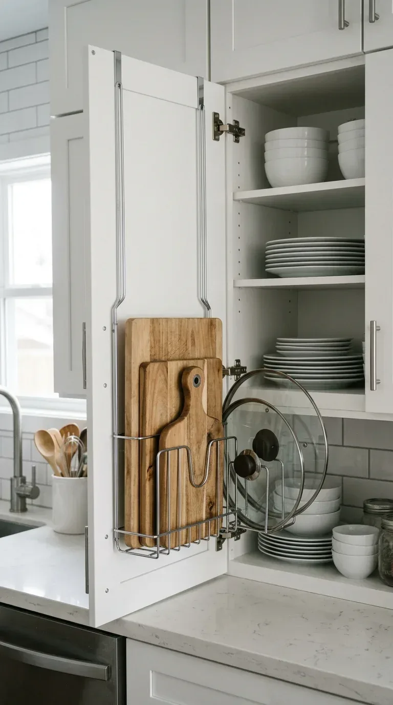 20 Cool Kitchen Gadgets for Small Space Cooking Inside a kitchen cabinet door fitted with a wire organizer holding wooden cutting boards and lids