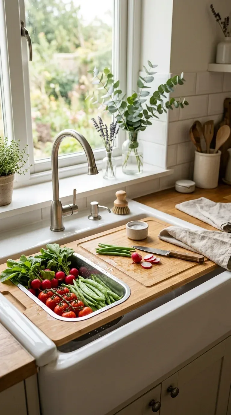 20 Cool Kitchen Gadgets for Small Space Cooking A bamboo over-the-sink cutting board with colander holding fresh washed vegetables above white sink