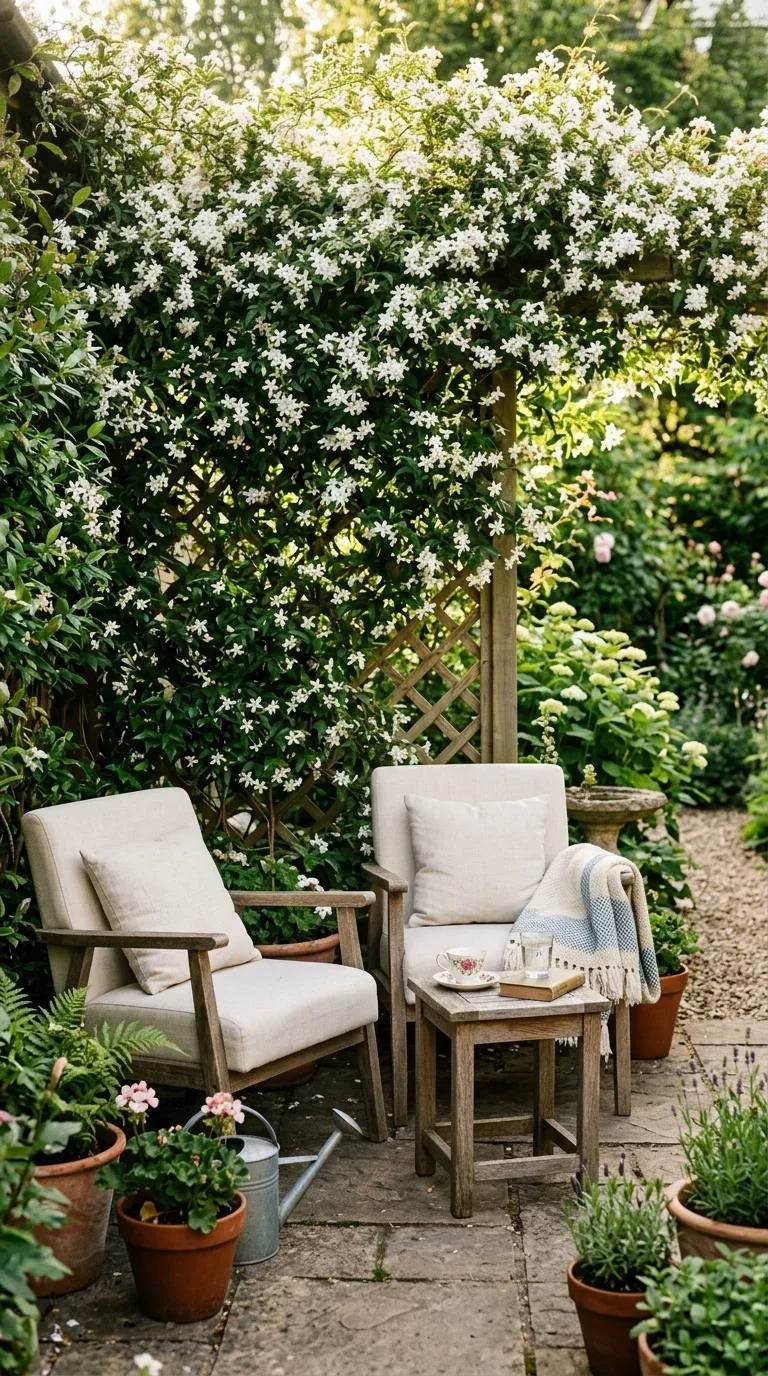 A wood lattice trellis privacy screen with climbing jasmine creating a private patio enclosure