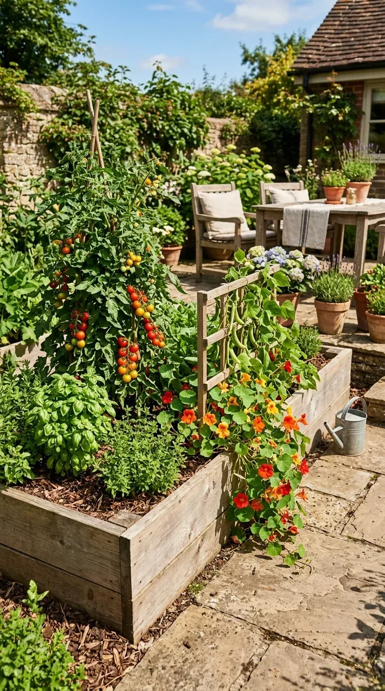 Cedar raised garden beds along a patio edge growing vegetables and herbs in summer