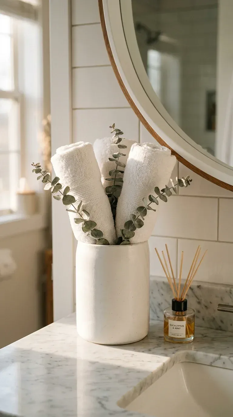 15 Bathroom Towel Decor Ideas That Make Your Space Look Like a Luxury Hotel White rolled bath towels standing upright in a tall white ceramic vase on a bathroom counter