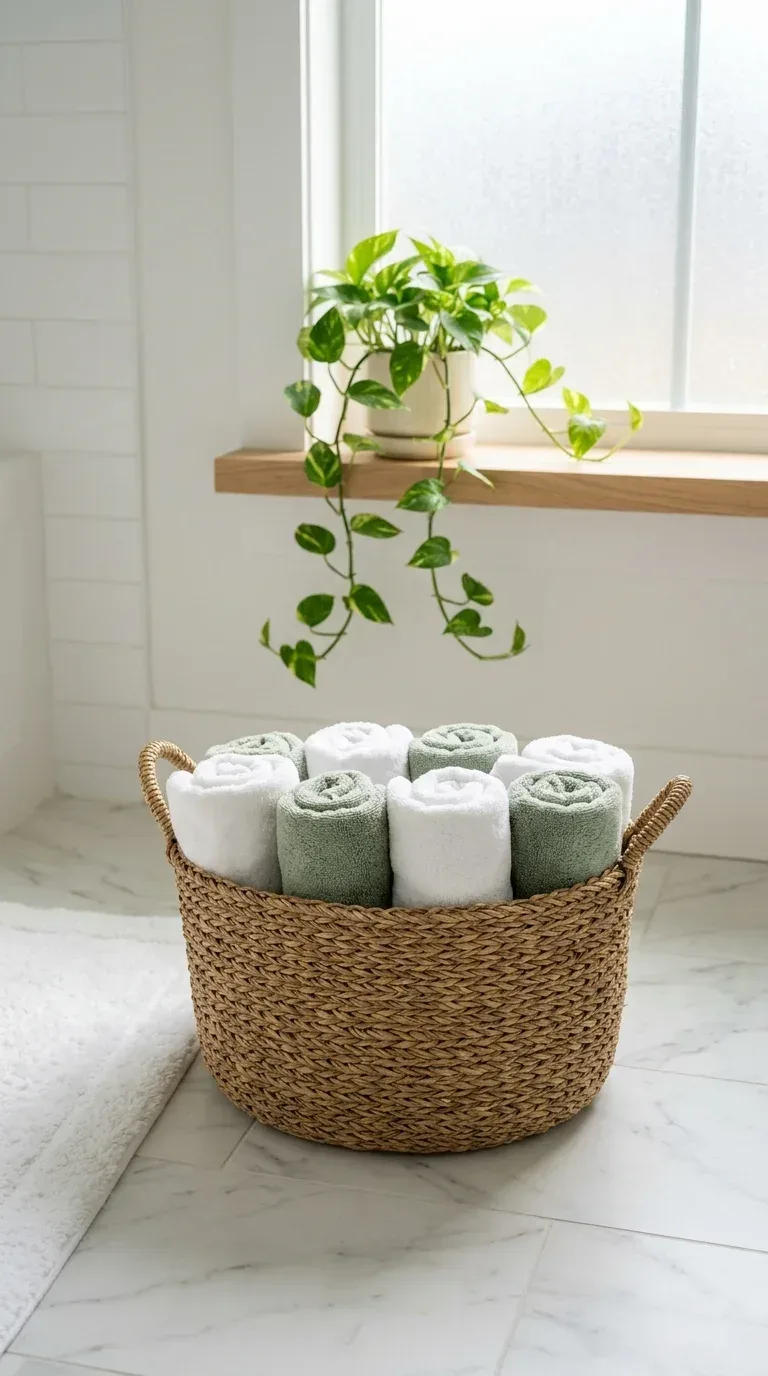15 Bathroom Towel Decor Ideas That Make Your Space Look Like a Luxury Hotel Neatly rolled white towels displayed in a round woven seagrass basket on a bathroom floor