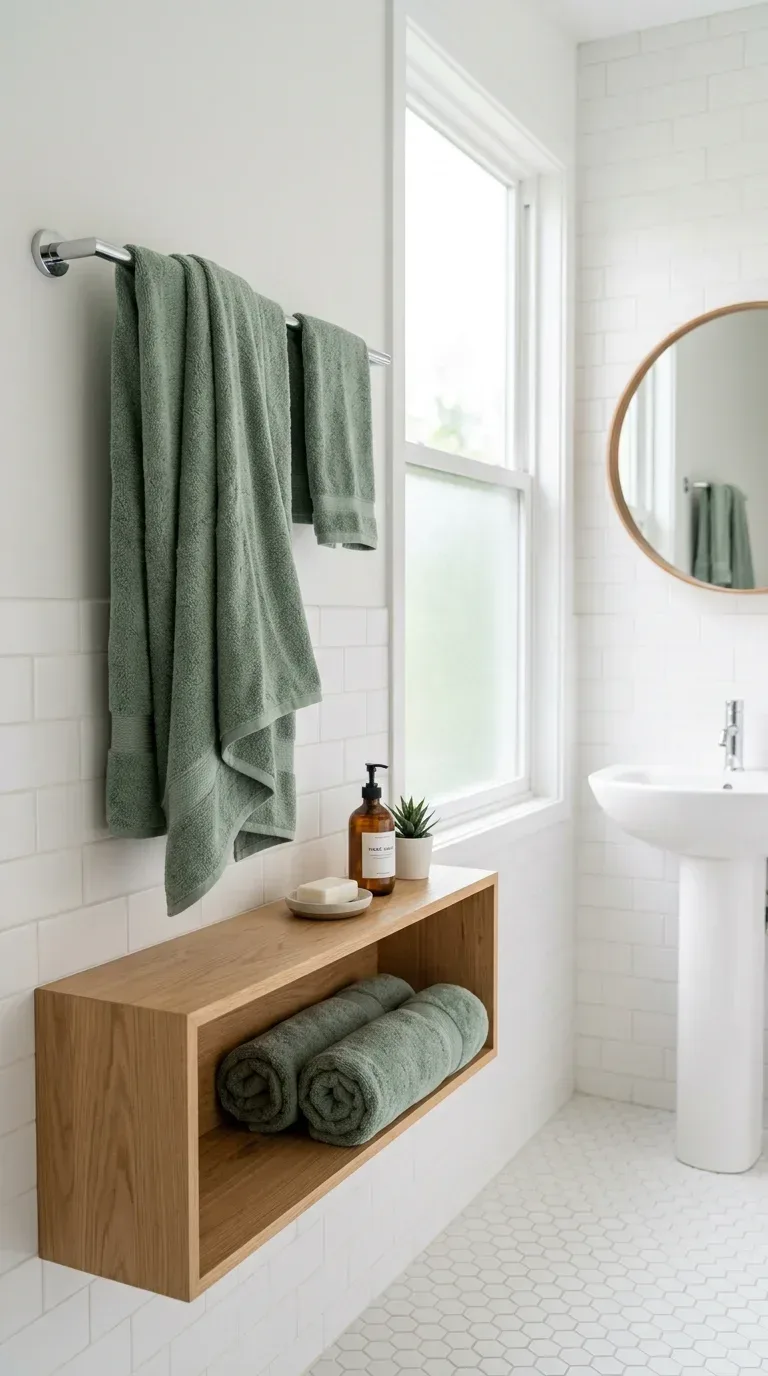 15 Bathroom Towel Decor Ideas That Make Your Space Look Like a Luxury Hotel Sage green bath towels and hand towels displayed in a white minimalist bathroom for color