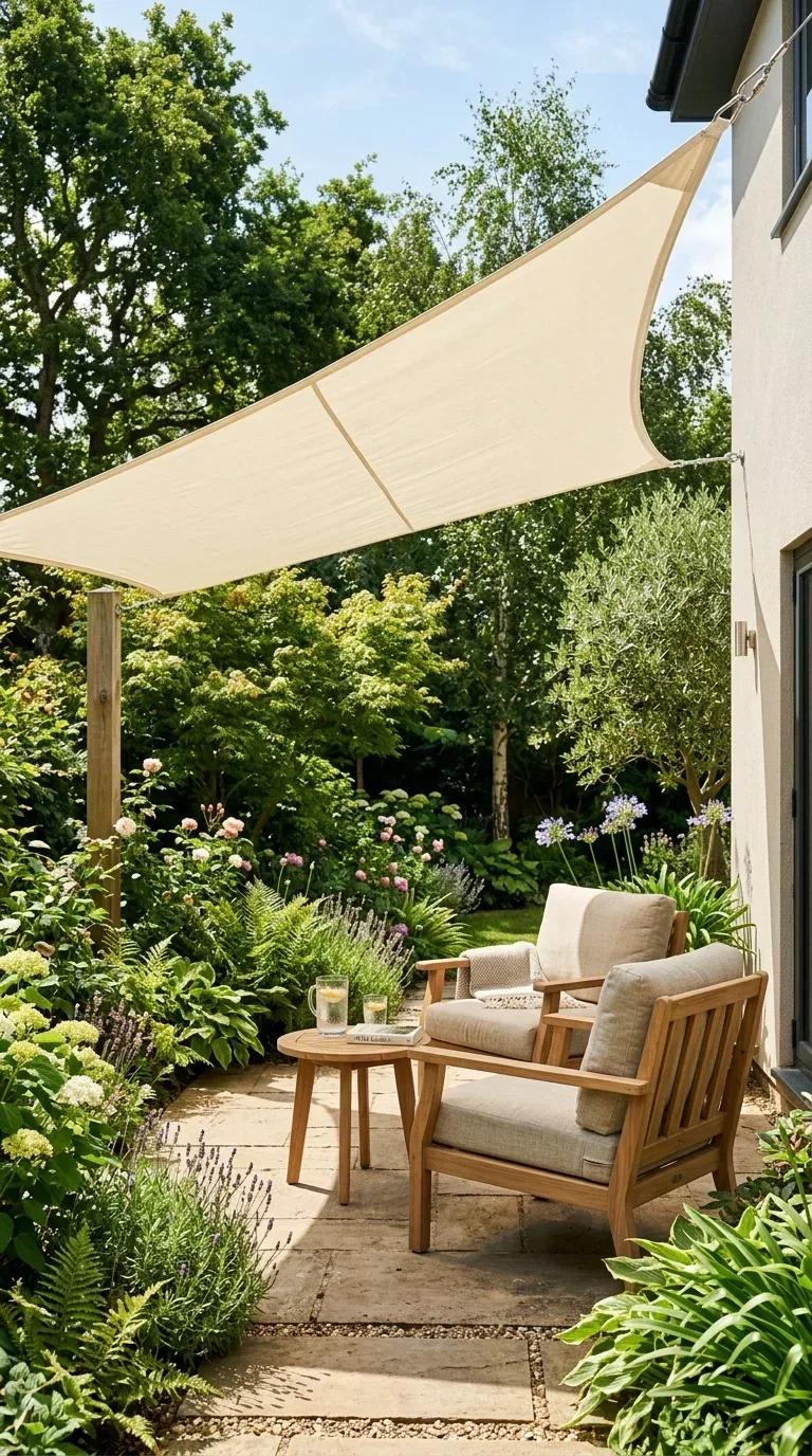 A cream triangular shade sail stretched over a patio seating area providing afternoon shade