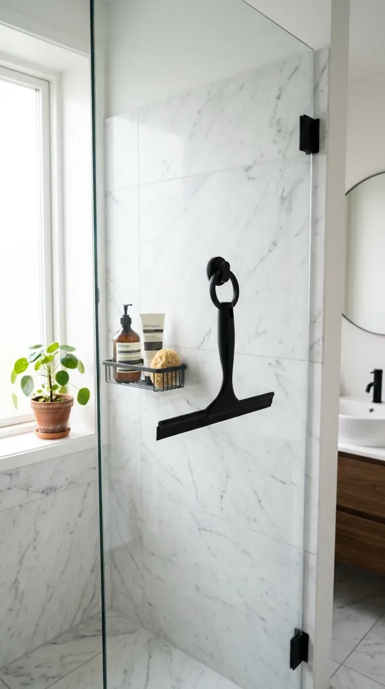 A matte black squeegee hanging on a glass shower wall in a clean minimal bathroom