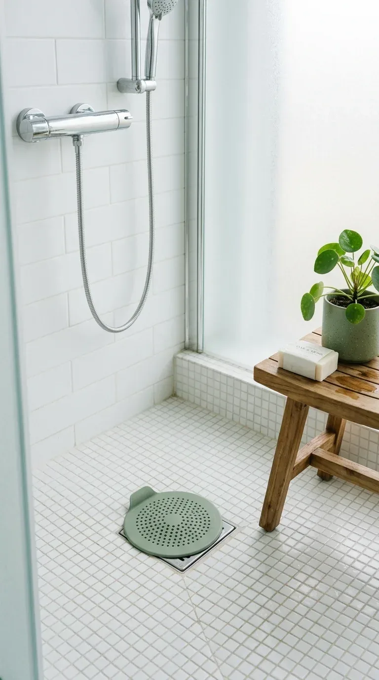 A silicone drain hair catcher in a clean white shower drain preventing clogs naturally