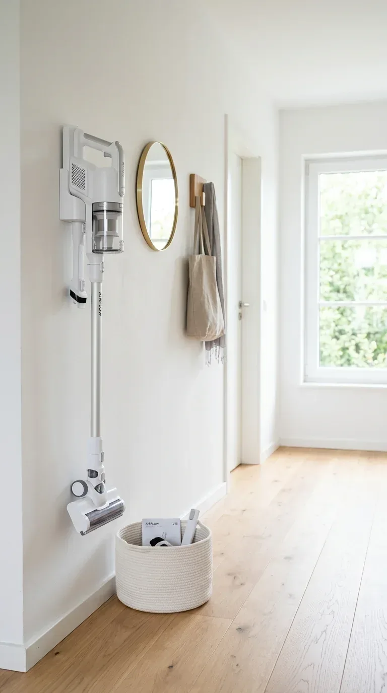 A slim cordless stick vacuum mounted on a wall bracket in a clean minimal small home