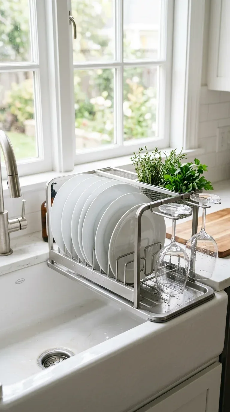 20 Cool Kitchen Gadgets for Small Space Cooking A slim stainless steel over-the-sink dish drying rack with clean white plates and wine glasses