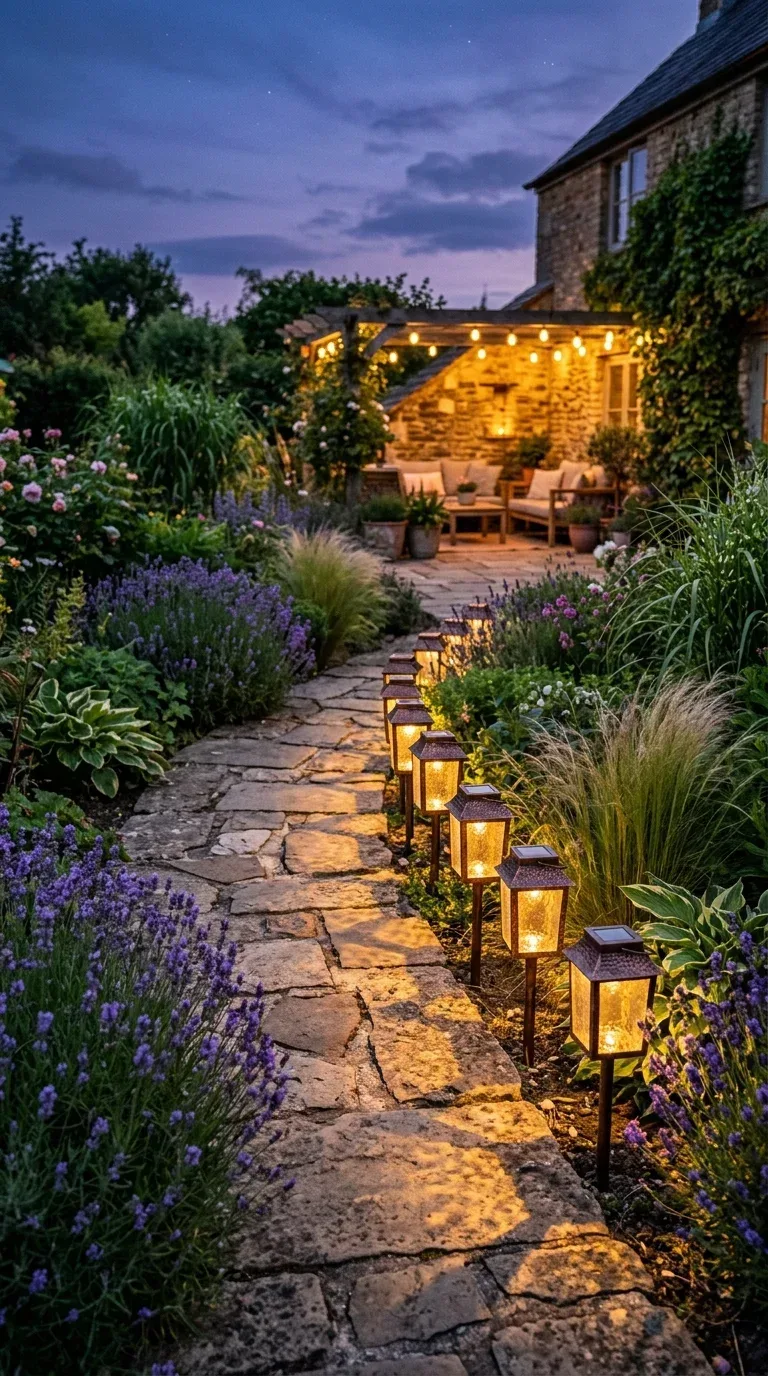 Warm glowing solar lanterns lined along a stone garden path leading to a patio at dusk