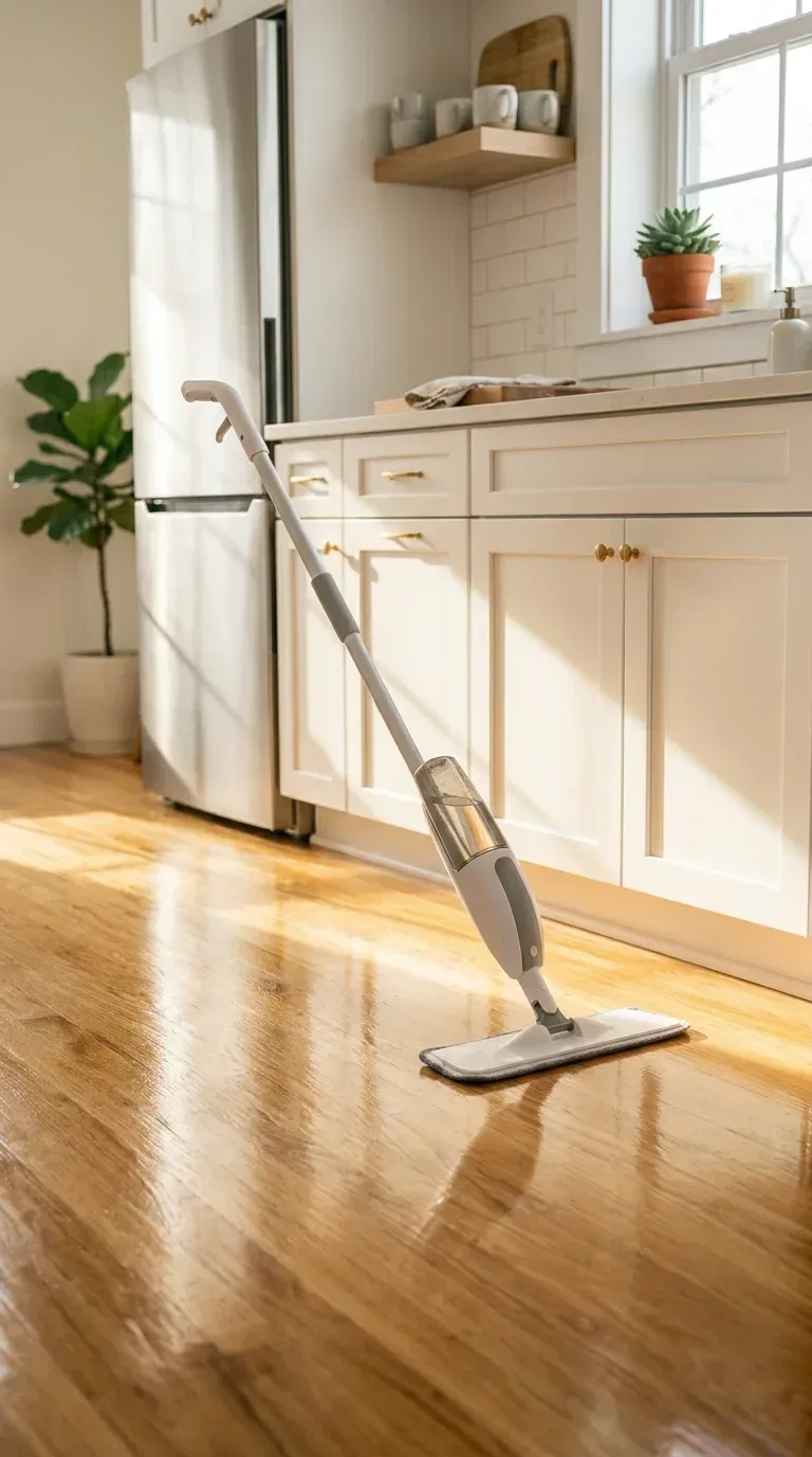 A slim spray mop cleaning gleaming hardwood kitchen floors in a small bright home