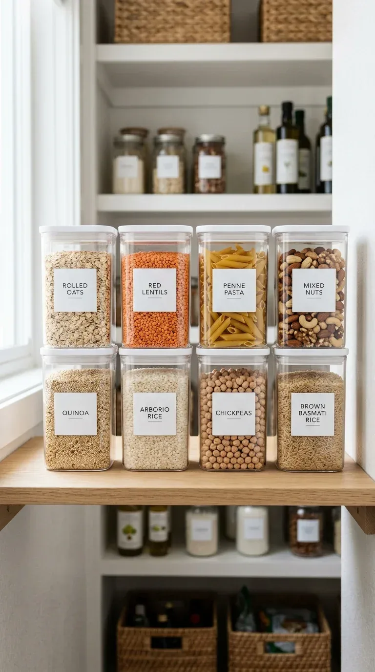 20 Cool Kitchen Gadgets for Small Space Cooking A neatly organized pantry shelf with matching clear stackable airtight food containers filled with grains