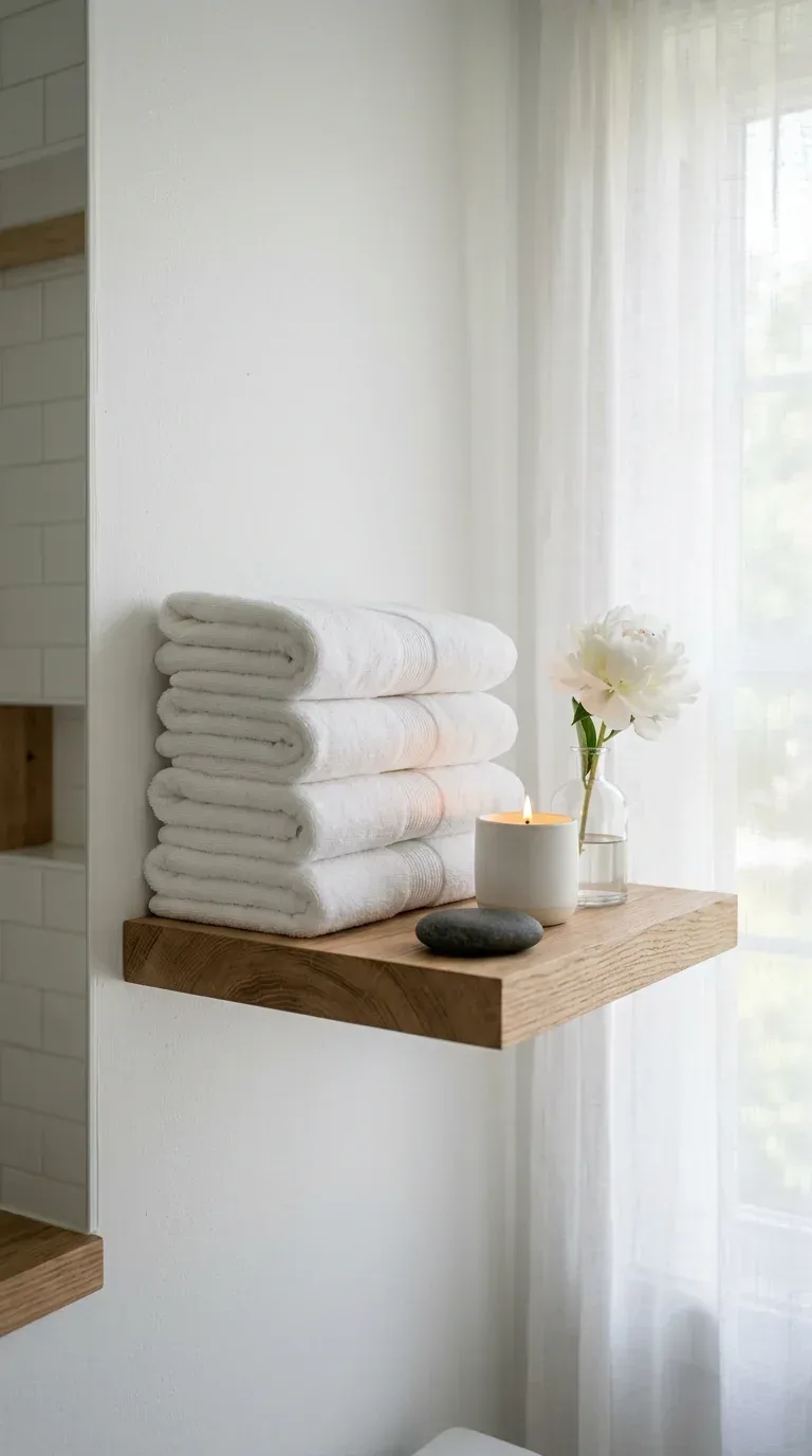 15 Bathroom Towel Decor Ideas That Make Your Space Look Like a Luxury Hotel A neat stack of white folded bath towels on a floating wood bathroom shelf with spa accessories
