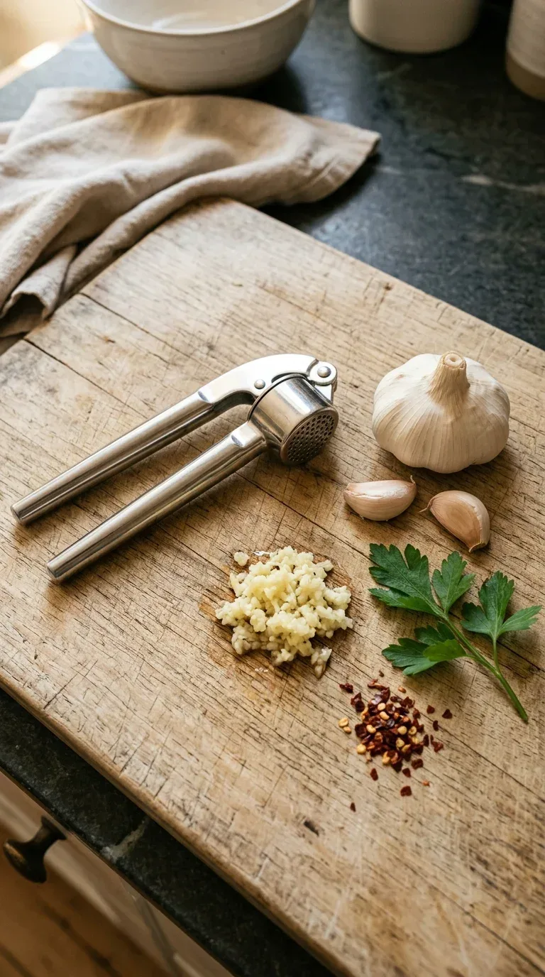 20 Cool Kitchen Gadgets for Small Space Cooking A polished stainless steel garlic press beside fresh garlic bulbs and minced garlic on a wood board